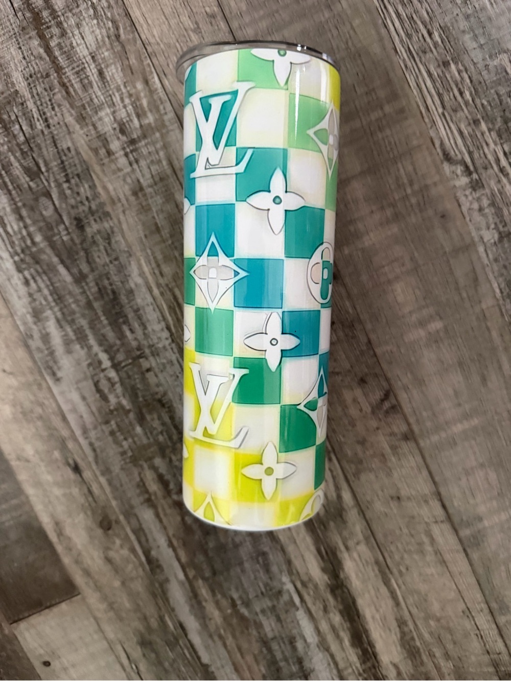 Louis Vuitton Green Teal Yellow Checkerboard Tumbler
